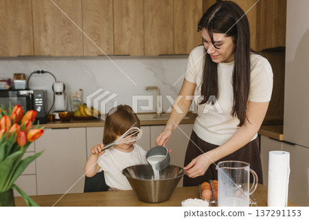 Mother and little daughter baking together in modern kitchen at home, happy family cooking and spending time together 137291153