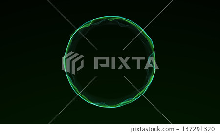 Green glowing digital plasma sphere with abstract energy flow forming futuristic orb on dark background. Luminous sci fi sphere with smooth light structure. 137291320