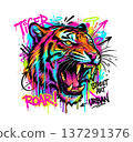Fierce roaring tiger head portrait in vibrant neon graffiti street art style with dripping spray paint and urban text. Wild animal art. 137291376