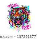 Intense roaring tiger face in colorful urban graffiti street art style. Neon spray paint drips, splatters, and tags animal illustration. 137291377