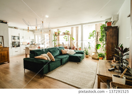Cozy Scandinavian style open plan living room Cozy Scandinavian style open plan living room 137291525