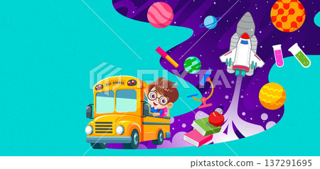 Back to School Illustration with Cute Kid Astronaut Riding Rocket in Space 137291695