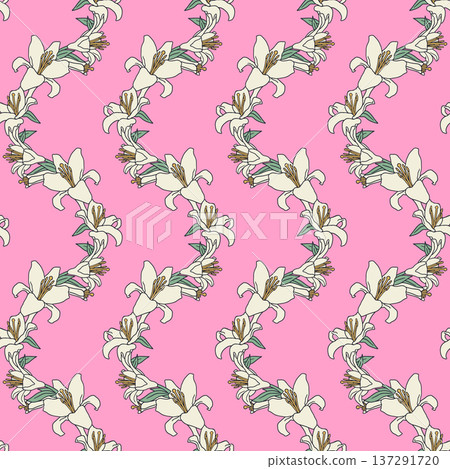 Hand drawn white line art lily flowers wave vine vintage seamless pattern with pink background Hand drawn white line art lily flowers wave vine vintage seamless pattern with pink background 137291720