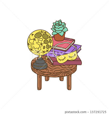 Cozy lifestyle scene with books and moon lamp on bedside table. Hand drawn line art peaceful home still life 137291725