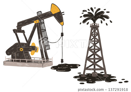 Oil pump and derrick set in childlike hand drawn industrial style 137291918