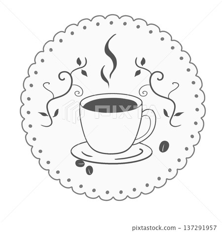 A coffee cup with a cafe logo design and a stylish round lace frame with plants. A coffee cup with a cafe logo design and a stylish round lace frame with plants. 137291957