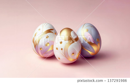 Watercolor Easter eggs with voluminous mother-of-pearl and golden patterns on a light background 137291986