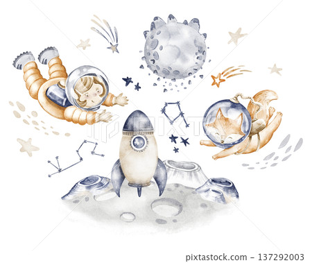 Universe illustration shows cute children and animals exploring space. Watercolor hand painted design with stars, comets, and planets. Ideal for kids room decor or educational projects. 137292003
