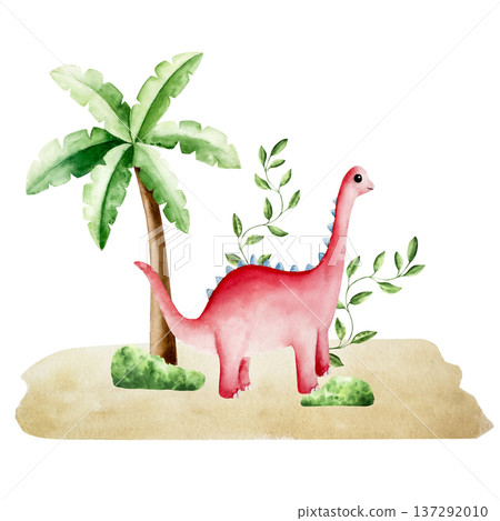 Cute dinosaur in tropical leaves and palm tree. Watercolor hand drawn prehistoric diplodocus, Brachiosaurus animal. Isolated illustration on transparent background. Perfect for for nursery and baby 137292010
