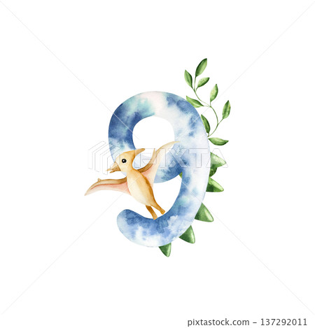 Cute dinosaur number nine with triceratops and palm. Watercolor hand drawn prehistoric Spinosaurus, Brachiosaurus animal. Isolated illustration on transparent background. Perfect for for nursery and 137292011