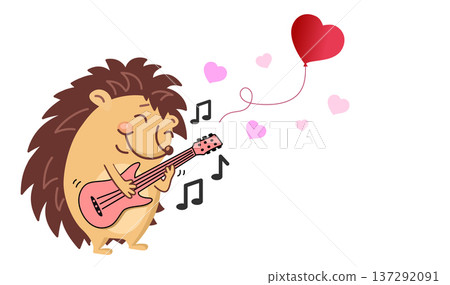 Brown hedgehog on guitar playing music. love. Audio at the concert. Text design. Installation. card or banner Valentine day. Vector illustration 137292091