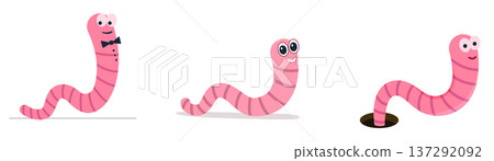 Pink worm, flat style. Earthworm is a cartoon character. vector Isolated illustration Worm on white background. 137292092
