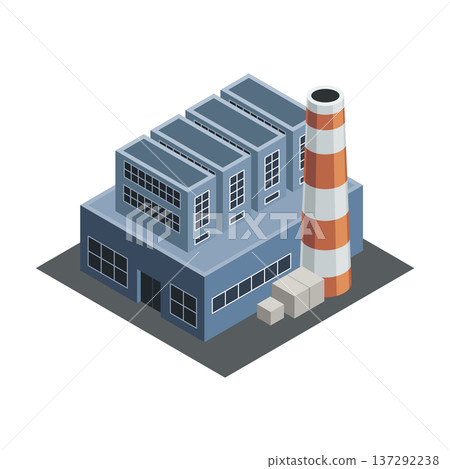 Factory isometric. Industrial bulding. Concept of industrial plant with chimney tower. 3d isolated icon. Architecture of manufacture house. Vector cartoon illustration Factory isometric. Industrial bulding. Concept of industrial plant with chimney tower. 3d isolated icon. Architecture of manufacture house. Vector cartoon illustration 137292238
