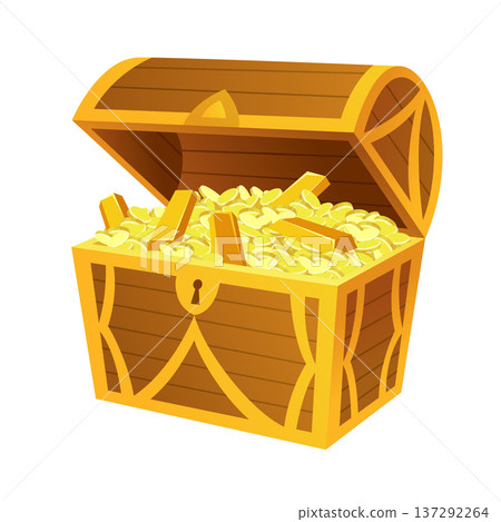 Treasure gold coins. Chest full of shiny royal gold and gemstones. Gold treasure, shiny savings, golden coins isolated on white background. Vector cartoon icon Treasure gold coins. Chest full of shiny royal gold and gemstones. Gold treasure, shiny savings, golden coins isolated on white background. Vector cartoon icon 137292264