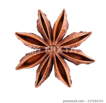 Star anise isolated on white background. Anise stars or badian spice. Clipping path. Top view. Star anise isolated on white background. Anise stars or badian spice. Clipping path. Top view. 137292331