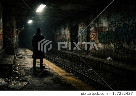 Ruins and Shadow Man - A suspenseful backdrop of a graffiti-covered subway station 137292427