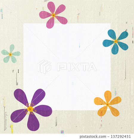 Colorful spring flowers hand drawn style on old roneo paper texture square background with blank white frame template. Colorful spring flowers hand drawn style on old roneo paper texture square background with blank white frame template. 137292431