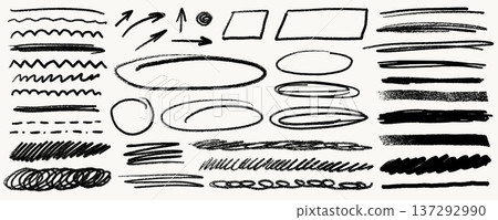 Crayon line highlight scribble arrows and underline strokes in black on white background with doodle circles and boxes. Crayon line highlight elements in rough pencil and pen texture. 137292990