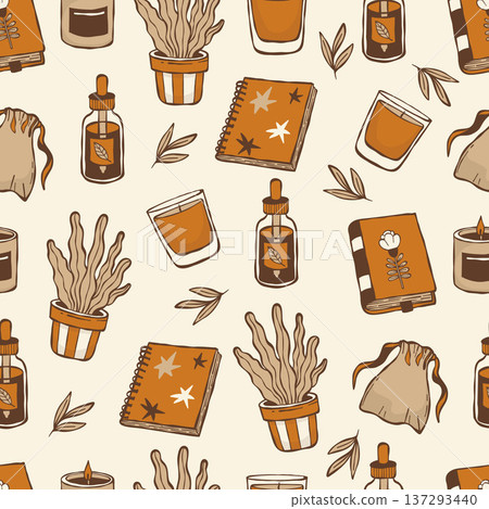 Self Care Wellness Seamless Pattern. Scented Candles, Notebook, Potted Plant, Spa Aroma Oil and Handmade Cozy Pouch on Light Background. Clay Brown Doodles Hand Drawing. Vector illustration 137293440