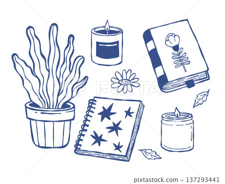 Home Wellness Doodle Set. Flowerpot Plant, Candles, Book and Notebook. Isolated Blue Line Art hand-drawn. Vector Illustration Home Wellness Doodle Set. Flowerpot Plant, Candles, Book and Notebook. Isolated Blue Line Art hand-drawn. Vector Illustration 137293441