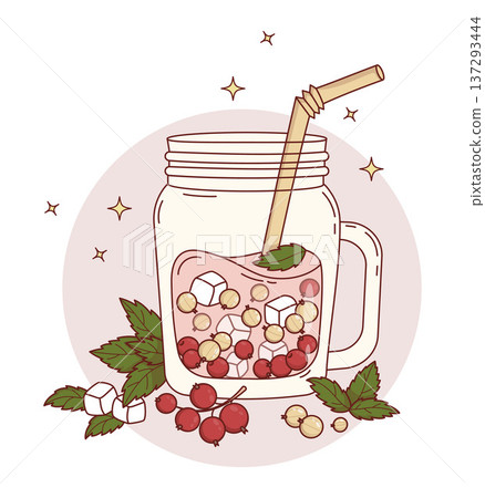 Red and White Currant Smoothie in Mason Jar. Summer Refreshing Cocktail with Berries, Mint, Eco Straw and Ice Cubes. Vector Illustration Seasonal Healthy Lemonade 137293444