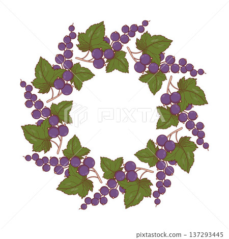 Black Currant Botanical Wreath. Berry Round Frame. Elegant floral Vector illustration 137293445
