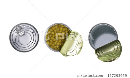 Isolated Opened And Closed Tin Cans With Green Peas Isolated On Transparent Background Isolated Opened And Closed Tin Cans With Green Peas Isolated On Transparent Background 137293659