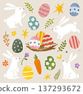 Easter bunny and decorated egg illustration set in cute paper cut collage style with spring flowers and carrots 137293672