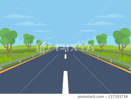 Empty Highway Road Through Green Landscape Background stock illustration. 137293736