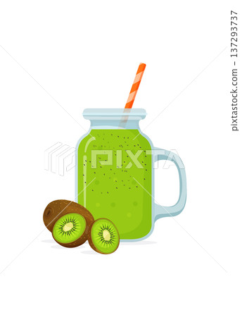 Fresh Green Kiwi Fruit Smoothie in a Glass Mason Jar stock illustration. 137293737