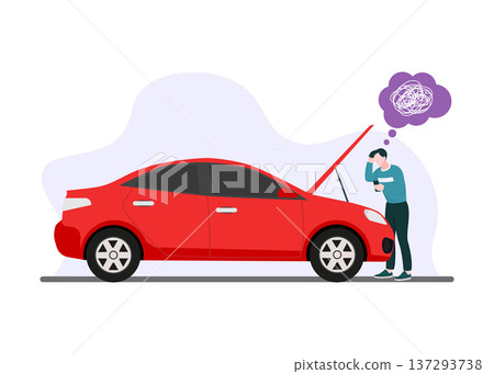 Frustrated Man Looking at Broken Down Red Car Stock Illustration. 137293738