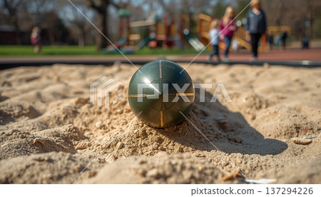 A rocket in the sand on a playground in a park during daylight. Conceptualizing the consequences of war, security issues and violations of the peace, and child safety. A rocket in the sand on a playground in a park during daylight. Conceptualizing the consequences of war, security issues and violations of the peace, and child safety. 137294226