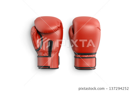Blank red boxing gloves mockup lying, front and back, png transparent background, 3d rendering. Empty sports glove for fighter mock up cut out. Clear protection mittens for ring sparring template. Blank red boxing gloves mockup lying, front and back, png transparent background, 3d rendering. Empty sports glove for fighter mock up cut out. Clear protection mittens for ring sparring template. 137294252