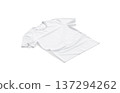 Blank white crumpled t-shirt mockup flat lay png, transparent background, 3d rendering. Empty fabric tee-shirt mock up cut out. Clear wrinkled basic undershirt or new tshirt for store logo template. 137294262