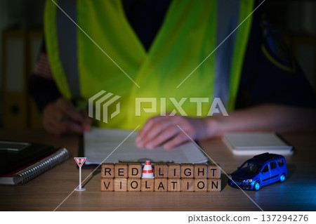 Traffic stop reveals the seriousness of red light violation with signs, toys, and a dedicated officer recording details at night Traffic stop reveals the seriousness of red light violation with signs, toys, and a dedicated officer recording details at night 137294276