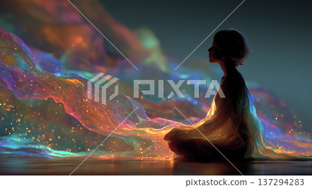 一個人的剪影佇立在如夢似幻的雲海和漸變天空之中 | 象徵著正念、夢想和希望 137294283