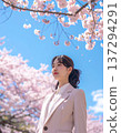 A Japanese woman stands under a clear blue sky 137294291