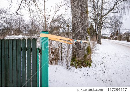 Fence Post Secured To Large Oak Tree For Structural Stability 137294357