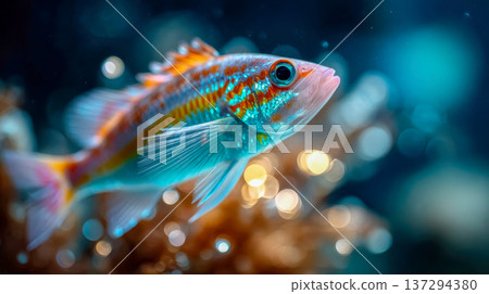 Vibrant tropical fish close-up swimming underwater with turquoise and orange colors, soft bokeh background Vibrant tropical fish close-up swimming underwater with turquoise and orange colors, soft bokeh background 137294380