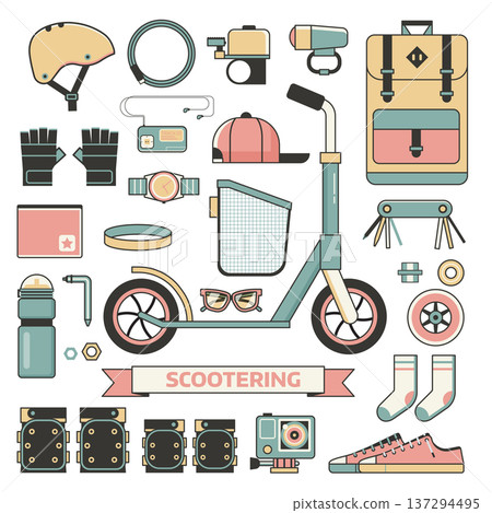 Scooter Riding Elements and Icons in Line Art Scooter Riding Elements and Icons in Line Art 137294495