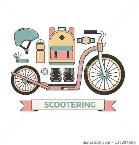 Scooter Riding Elements and Icons in Line Art Scooter Riding Elements and Icons in Line Art 137294500
