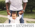 Happy little daughter smiling while father holds hands and helps walk in park. Joyful family outdoors, parenting, trust and support, love and development in nature. Dad and girl child 137294505