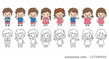 Set of cute kids characters in various poses with colored and black outline art for education coloring book Set of cute kids characters in various poses with colored and black outline art for education coloring book 137294592
