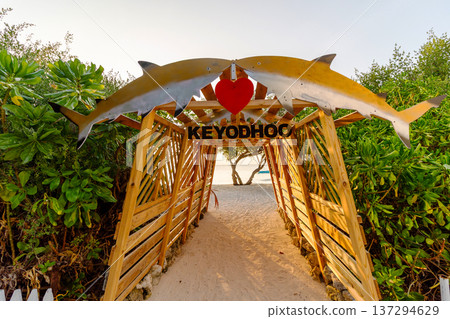 Wooden bridge arches over sandy path 137294629