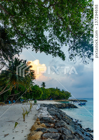 Sunset bathes tropical beach in soft, warm glow Sunset bathes tropical beach in soft, warm glow 137294698