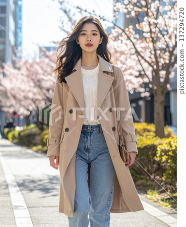 A Japanese woman walking through the streets in spring 137294720