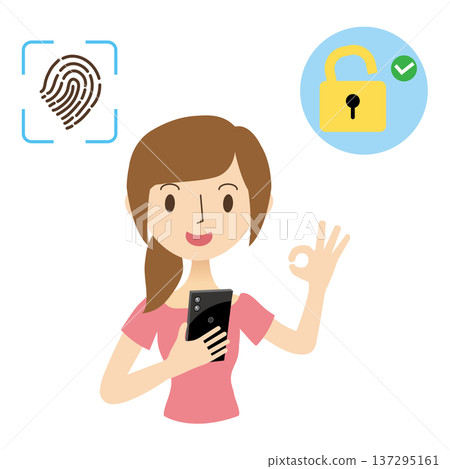一名女子正在使用指紋辨識解鎖她的智慧型手機 137295161