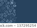 Horizontal banner with vector hand drawn linear drawing of hazelnuts and leaves on a dark blue background. 137295254