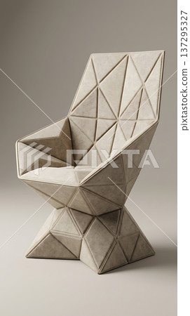 Unique geometric armchair with faceted design and neutral upholstery 137295327
