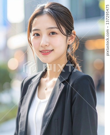 A woman wearing a suit in a business district 137295475